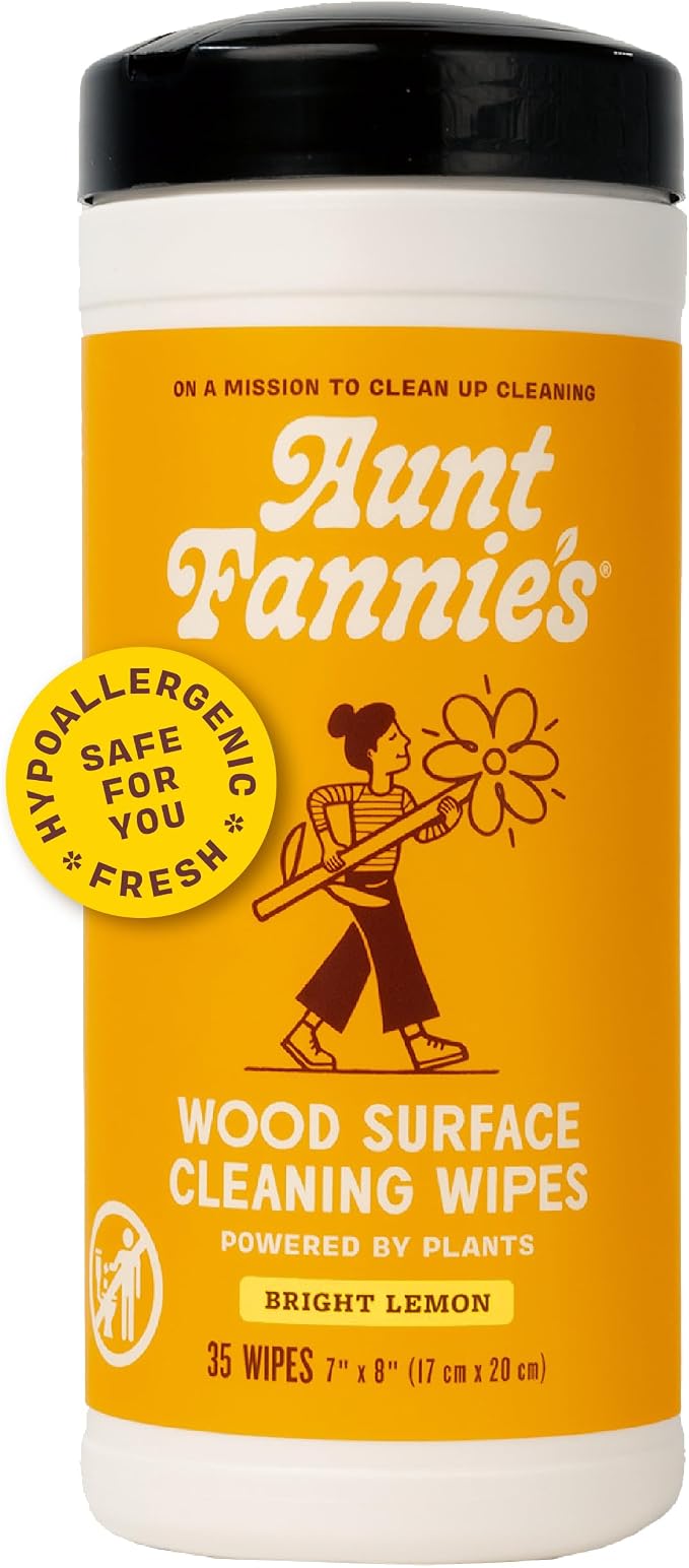 Aunt Fannie's Wood Surface Cleaning Wipes, Multipurpose Wood Surface Cleaner for Cabinets, Furniture, and Floors, Lemon Scent, 35 Count (Pack of 1)