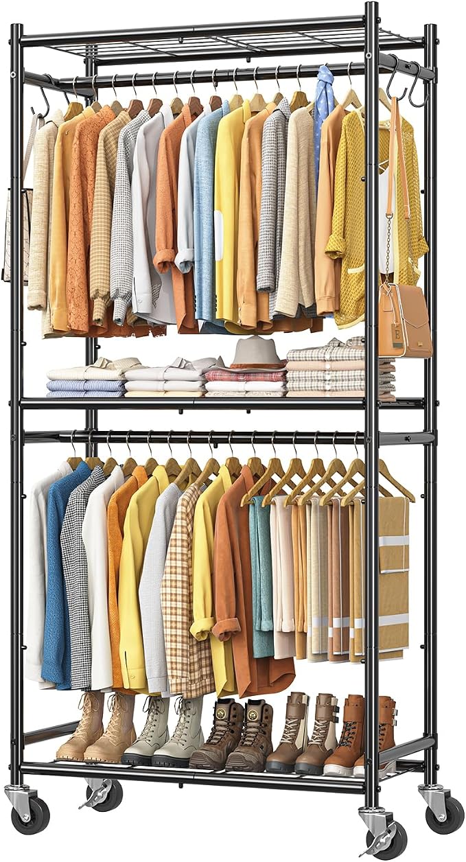 Simple Trending Clothes Rack, Portable Closet with Mesh Shelves, Black | Wardrobe Closet with Hooks, Multi-Functional, Sturdy Metal Garment Rack for Bedroom, Laundry