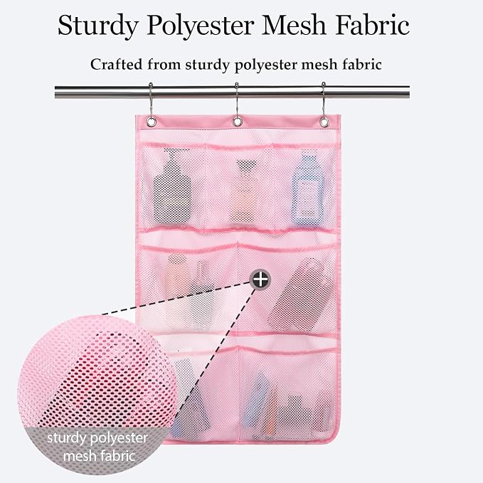 GYEUKHAM Mesh Shower Caddy Hanging Organizer with 7 Pockets and Hooks, Portable Quick Dry Bathroom Storage for College Dorm, Cruise, RV, Gym, Travel Toiletry Bag, Pink, 1 Pack