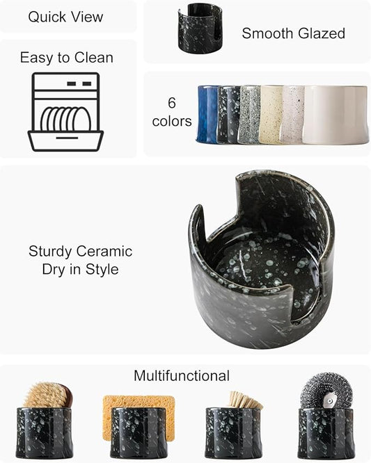 Zoeeker Sponge Holder for Kitchen, Ceramic Sink Caddy Scrub Sponge Rack Dish Rack Scrubbers Holder for Kitchen Sink, Bathroom, Black