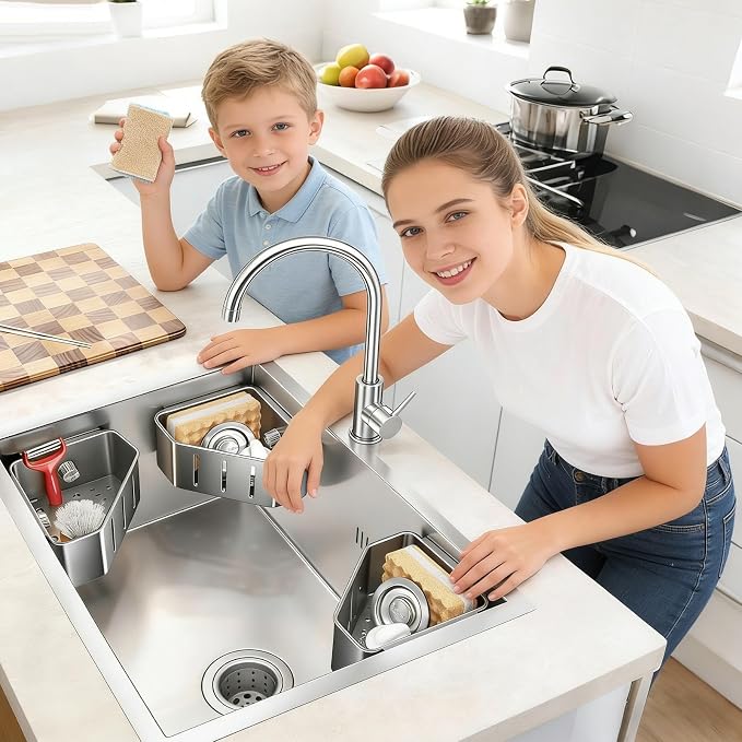 Sponge Holder for Kitchen Sink,Sink Caddy Organizer with Suction Cups,Strong Load-Bearing capacity Rustproof Triangle Kitchen Storage Rack for Right Angle Sink,Store Sponge,Soap, Stopper,Brush