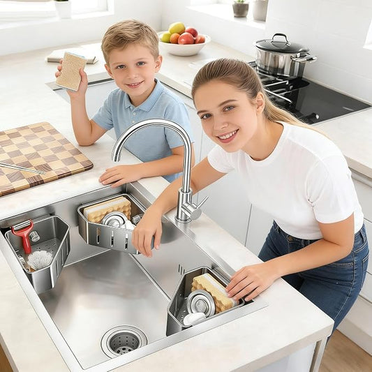Sponge Holder for Kitchen Sink,Sink Caddy Organizer with Suction Cups,Strong Load-Bearing capacity Rustproof Triangle Kitchen Storage Rack for Right Angle Sink,Store Sponge,Soap, Stopper,Brush