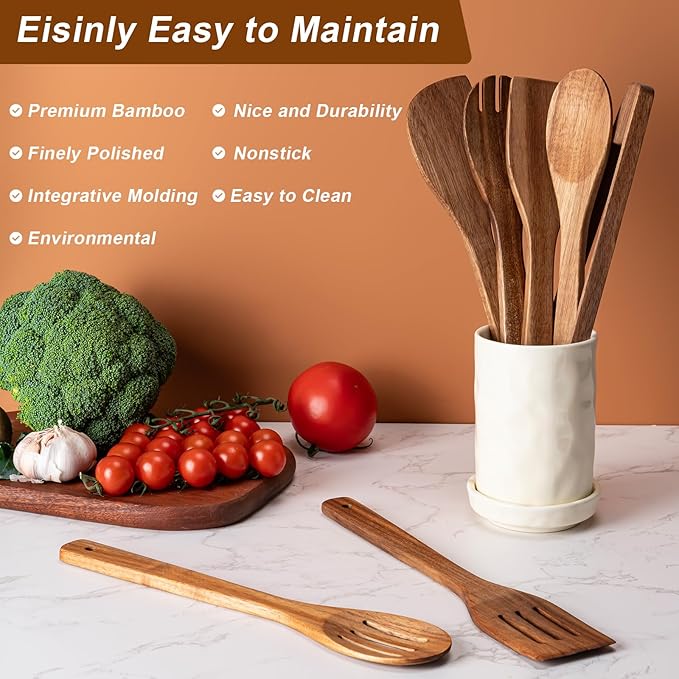 Eisinly Wooden Spoons for Cooking 7-Piece, Kitchen Nonstick Wood Cooking Utensils Set, Durability Wooden Spatula Spoon for Everyday Use, Brown