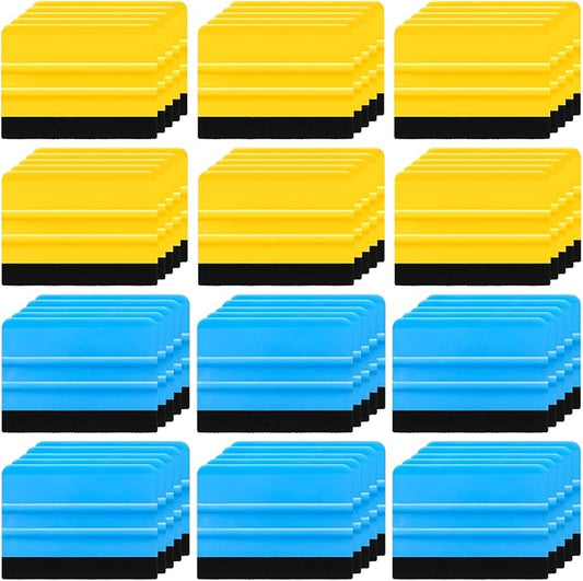 Lasnten 100 Pcs Squeegee for Vinyl Decal Tools 4 Inch Felt Edge Squeegee for Car Window Windshield Glass Cleaning Tool Vinyl Scraper Applicator Tool with Black Fabric Felt Edge, Blue Yellow
