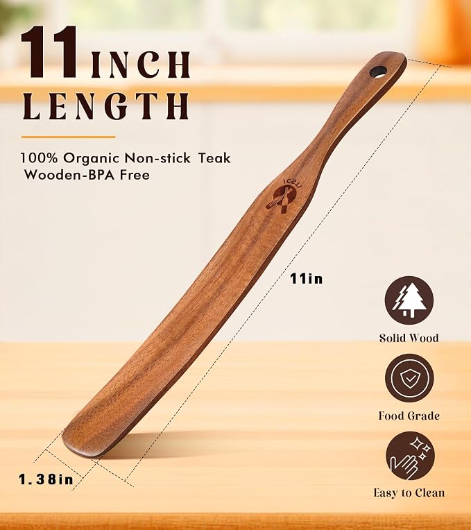 2 Pack Wooden Spurtle for Sourdough Starter, Mixing, Reaching Bottom of Jar, Dough Whisk, Natural from High Moist Resistance Teak, Spurtles Kitchen Tools Wooden Kitchen Utensils for Baking, Cooking