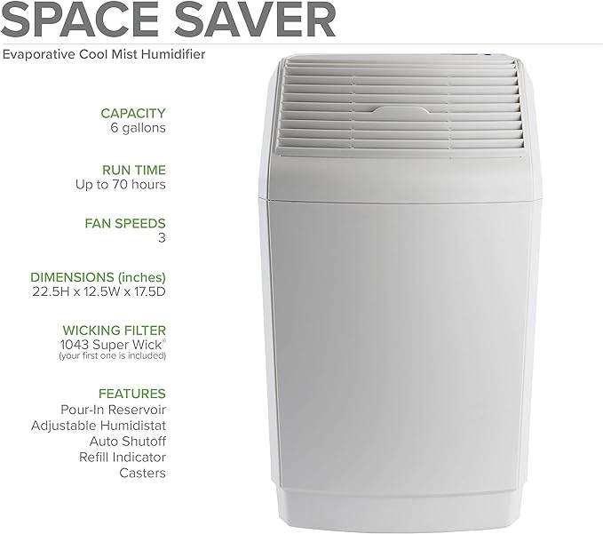 AIRCARE Space Saver Large Evaporative Whole House Commercial 6 Gallon Humidifier for Large Rooms 2,700 sq ft. With Digital Controls, Auto Humidistat and Automatic Shut Off