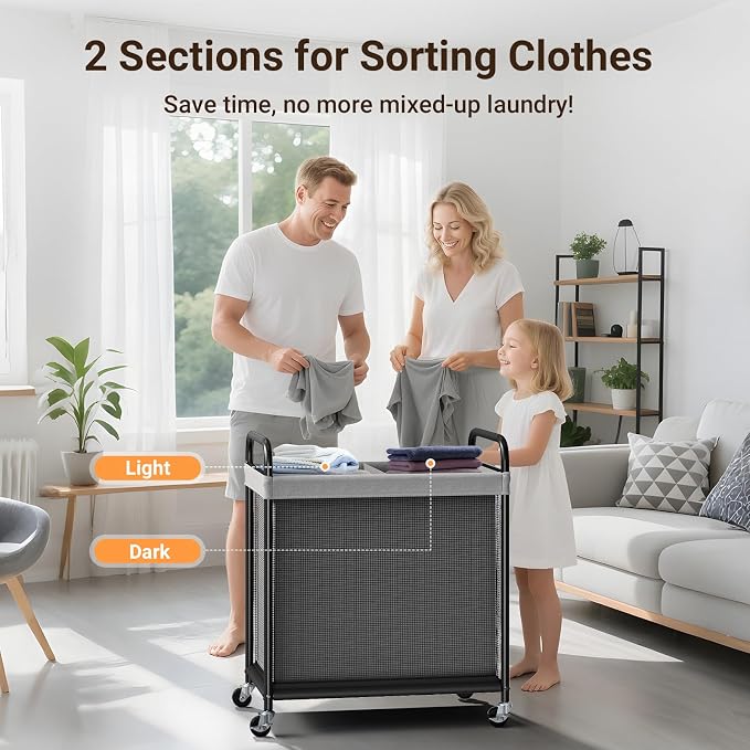 ELYKEN Laundry Hamper 2 Section, 100L Rolling Laundry Sorter with Wheels | Removable Washable Liner Bags, Sturdy Steel Frame and Metal Handle, Double Compartment Clothes Organizer for Laundry Sorting