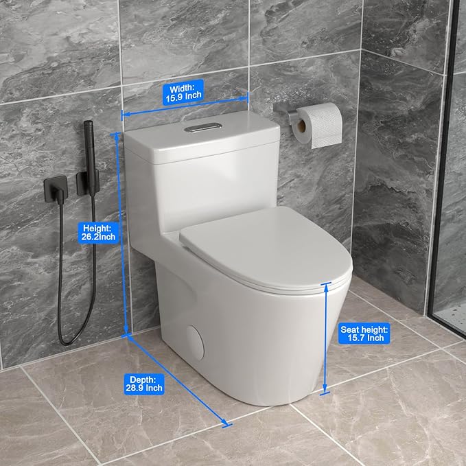One Piece Toilet 12'' Rough Inch- High Efficiency Water Saving Ceramic Toilets with 15.7" Comfort Chair Seat 1.1/1.6 GPF Dual Flush and Easy to Clean Toilet Bowl 15.9''x26.2''x28.8''