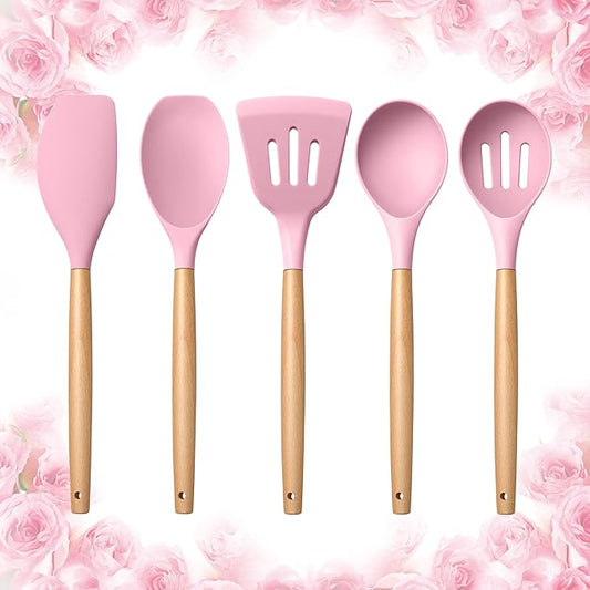 E-far Silicone Cooking Utensils Set, 5-Piece Kitchen Utensils Set with Wooden Handle for Cooking, Silicone Kitchen Nonstick Tools Spatula Turner Slotted Spoons, Nontoxic & Heat Resistant-Pink