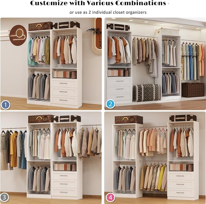 Closet System with 3 Drawers, 4FT-10FT Closet Organizer Systems with 5 Hanging Rods, Walk in Closet Freestanding Corner Closet System Modular Closet System 2 Sets White (4FT)