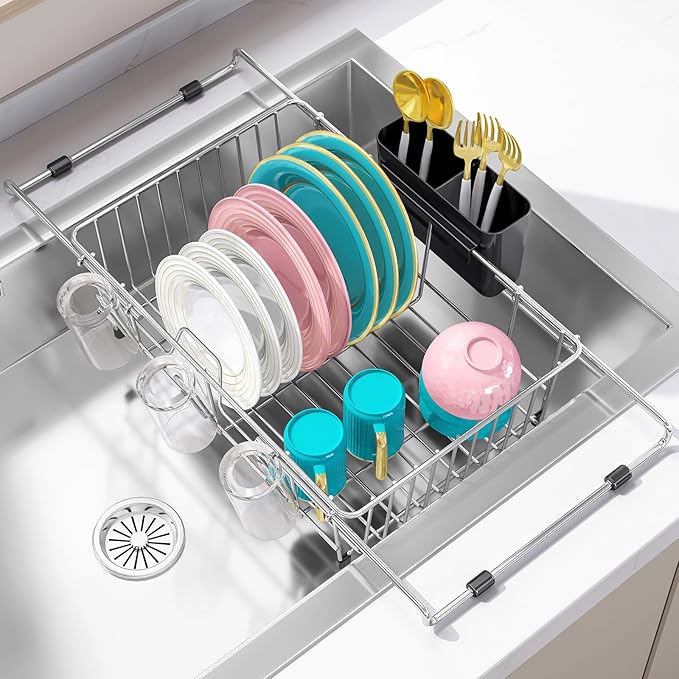 Urackify Dish Drying Rack in Sink, Stainless Steel Expandable Over the Sink Dish Rack with Utensil Holder & Cup Holder, Kitchen Drying Rack for Inside Sink, 15.35" x 11.02" x 4.84", Silver