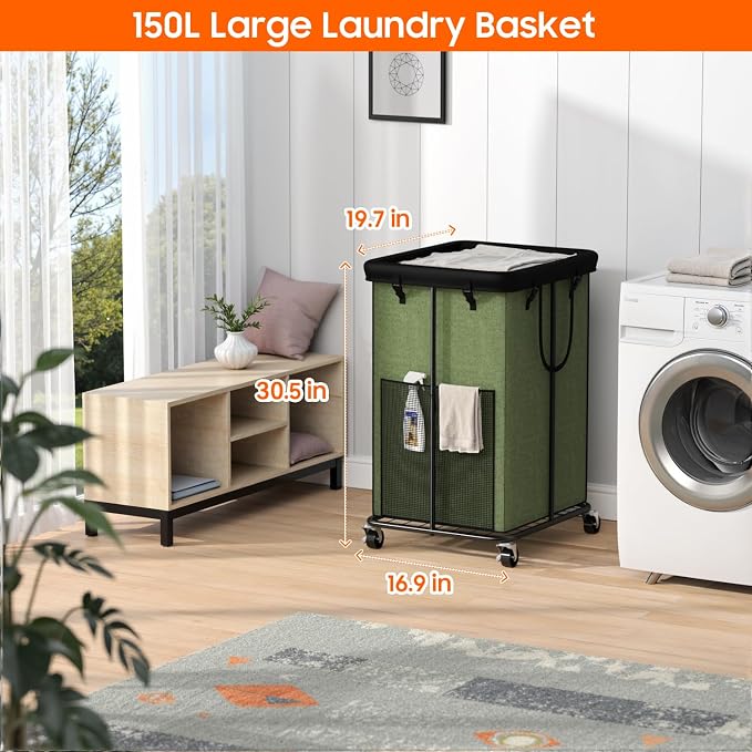 Laundry Hamper with Wheels, 150L Rolling Laundry Basket with Bag & Handles | Sturdy Metal Frame | Removable Bag | Large & Tall Dirty Clothes Hampers for Laundry Room, Bedroom, Dorm, Bathroom-Green