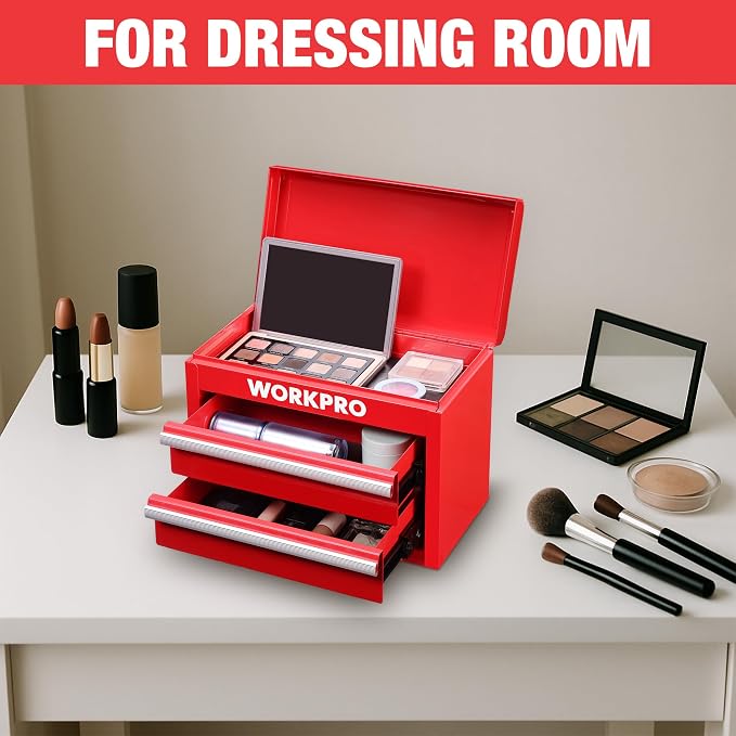 WORKPRO Metal Mini Tool Box with 2 Drawers and Top Storage | Cold Rolled Steel Toolbox, Ball Bearing Slides, PVC Drawer Liners, PP Feet Pads, Durable Storage