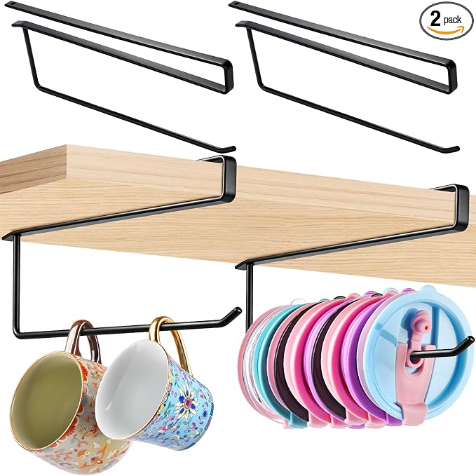 2Pack Tumbler Lid Organizer for Corner Cabinets, Space-Saving Coffee Cup Holder, Water Bottle Accessories Storage, Kitchen Organization, No Adhesive or Drilling Needed up to 24 Lids (Black Round Wire)