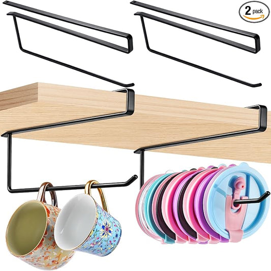 2Pack Tumbler Lid Organizer for Corner Cabinets, Space-Saving Coffee Cup Holder, Water Bottle Accessories Storage, Kitchen Organization, No Adhesive or Drilling Needed up to 24 Lids (Black Round Wire)