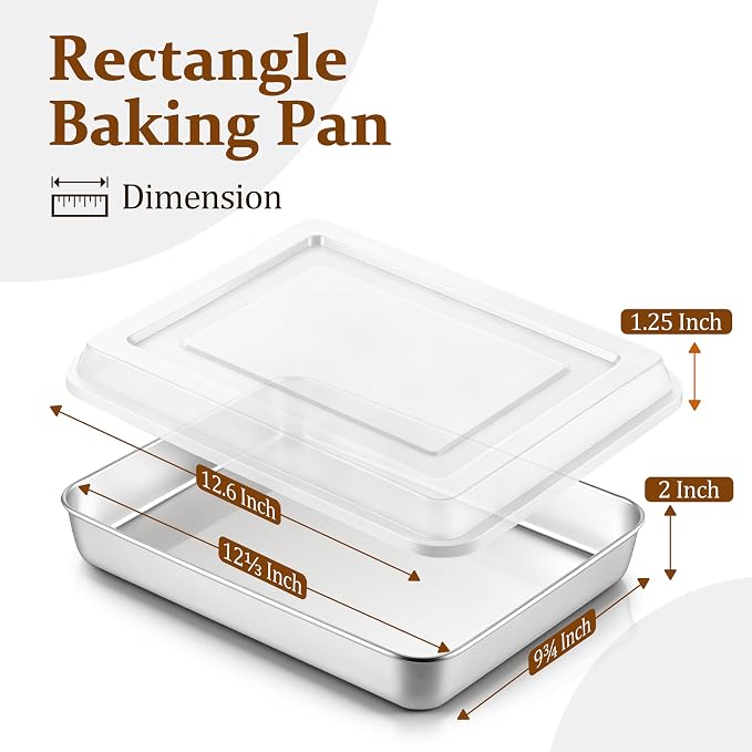LIANYU Stainless Steel Baking Cake Pan with Lid Set, 12⅓ x 9¾ x 2 Inch Lasagna Brownie Pan, Oven & Dishwasher Safe Pan for Cookie Bread (1 Pan +1 Lid)