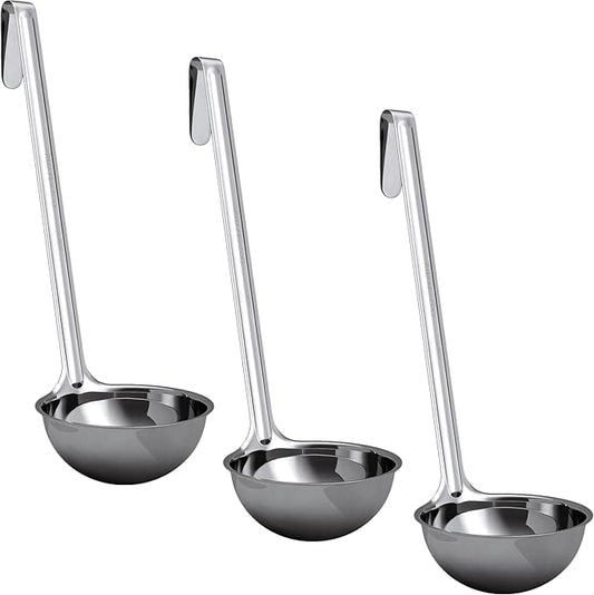 Super Sturdy, Ergonomic 6 Oz. Soup Ladle 3 Pk. Stainless Steel Ladles with Long Handles. Best Kitchen Accessories for Stirring, Portioning and Serving Soups, Chili and Stew in Restaurants and at Home