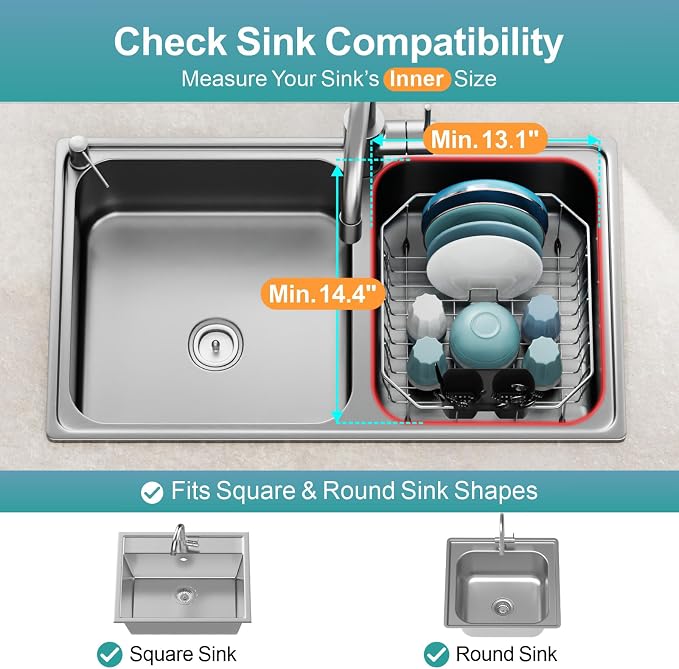 GSlife Small in Sink Dish Drying Rack - Stainless Steel Compact Dish Drainer for RV Kitchen Apartment Sink, Rust Resistant Inside Sink Rack, 1–2 Person Households, 13.1" W x 14.4" L, Silver