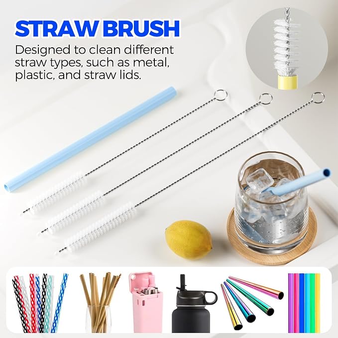 Holikme 6 Pack 4 in 1 Cup Lid Cleaning Brush 3 Straws Bottle Brush,Blue | 4 in 1 Cup Lid Cleaning Brush Multifunctional Bottle Brush, Silicone Cup Lid Gap Cleaner, Bristle Crevice Cleaning Brush