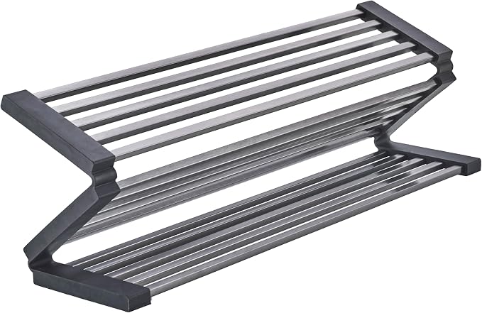 Foldable Over Sink Dish Drying Rack, 304 Stainless Steel Kitchen Drain Rack for Tableware, Detachable Silicone Edge, Rectangular Tubing, Black,3 Fold 19.7" x 11.42"