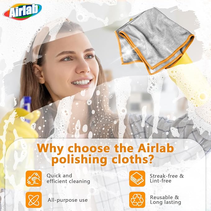 Airlab Glass Polishing Cloth Streak Free Miracle Cleaning Cloth Lint Free Microfiber Cleaning Rags for Glasses Kitchen Dish Mirrors Easy Clean, Pack of 6, 12" x 12", Sliver-Orange