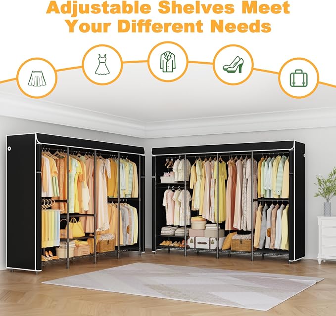 ULIFHOME Clothes Rack with Cover, Large Clothing Racks for Hanging Clothes | H41C Heavy Duty Garment Rack, Adjustable Shelves and Rods, Max Load 1150 Lbs, Black Portable Closet Rack with Black Cover