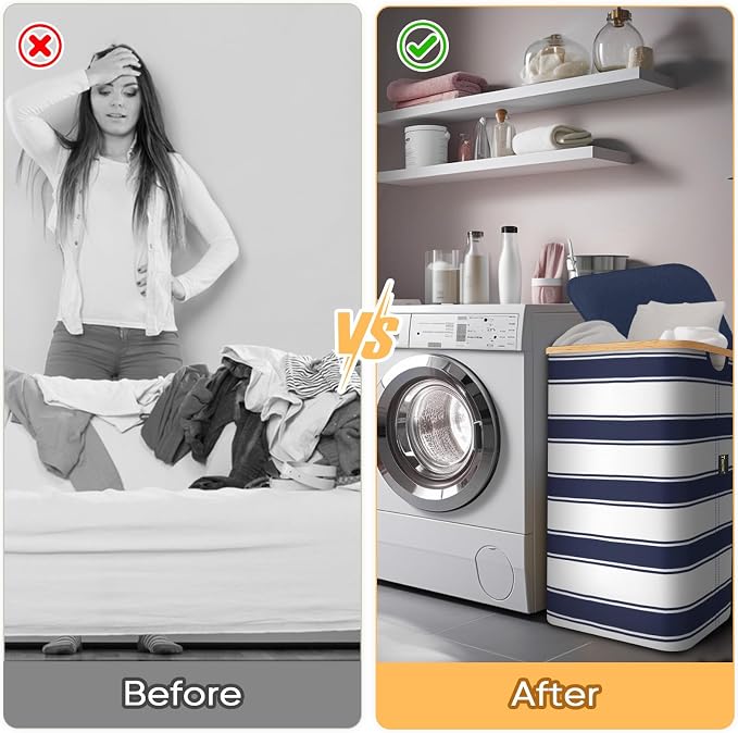 BALEINE Laundry Hamper with Lid, Tall Laundry Baskets with Bamboo Pull Handles, Large Laundry Bin with Internal Support (18 Gal/70L, Blue Stripe)