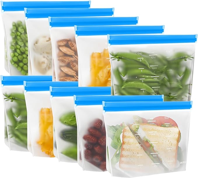 IDEATECH 10 Pack Reusable Quart Freezer Bags, Stand-Up Food Storage Bags | Leakproof, Dishwasher Safe, Stand-Up, BPA-Free Food Grade, Medium Size with Measurement Marks for Lunch, Snacks & Meal Prep