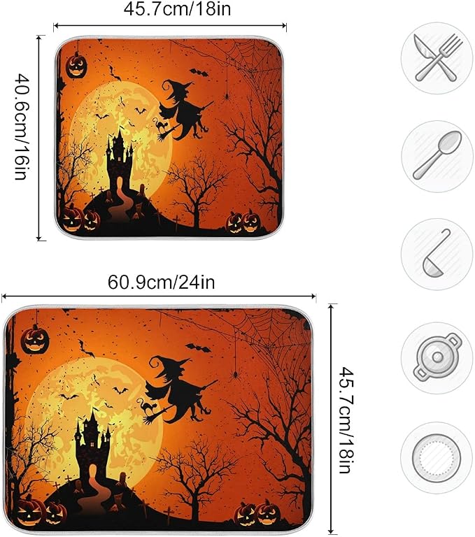 Happy Halloween Fall Pumpkin Witch Dish Drying Mat 18x24 for Kitchen Counter Spooky Castle Bats Trick or Treat Reversible Dishes Draining Mats Large Absorbent Fast Dry Pad Halloween Accessories