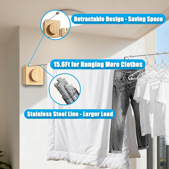Retractable Clothesline Indoor Outdoor 17.4Ft Non-Sag (1, Light Wood Grain) | Stainless Steel Heavy Duty Design Laundry Wash Line with Wall Mounted, Space-Saving Drying Rack for Bathroom, Balcony