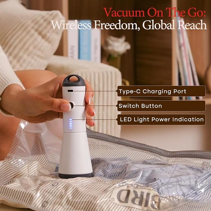 Vacbird Travel Vacuum Bags with Pump, Carry-On Luggage Space Saver | See Contents Easily with Transparent Bags, 1500mAh Pump Compresses 90+ Bags, Carry-On Size for Easy Travel Packing