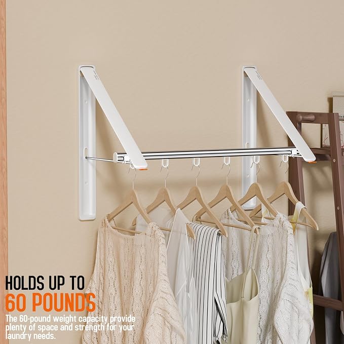 Folding Clothes Hanger Rack Wall mounted for Laundry Clothes Drying Rack | Foldable Hanger Rack Laundry Hanger Dryer Rack, Easy to Install, Closet Storage Organization, Space Saving White, 2 pcs &1Rod
