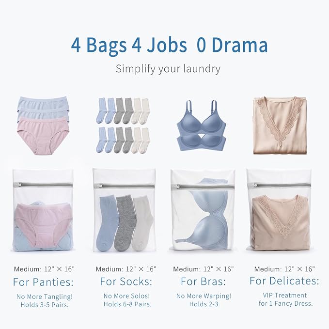 Muchfun 4Pcs Durable Fine Mesh Laundry Bags for Delicates 12 x 16 Inches | (4 Medium)