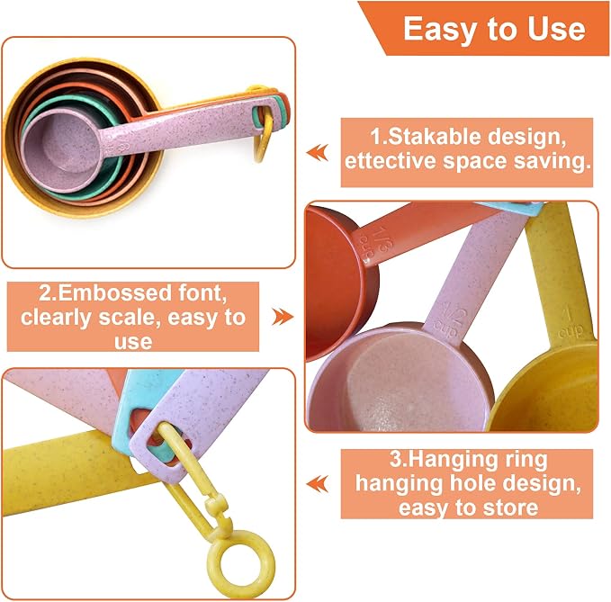 Plastic Measuring Cups and Spoons Set - 10 Pcs Colorful Kitchen Measuring Tool, Engraved Metric/US Markings Stackable Silicone Measure Cup for Liquid & Dry Measuring, Cooking & Baking, Random Color