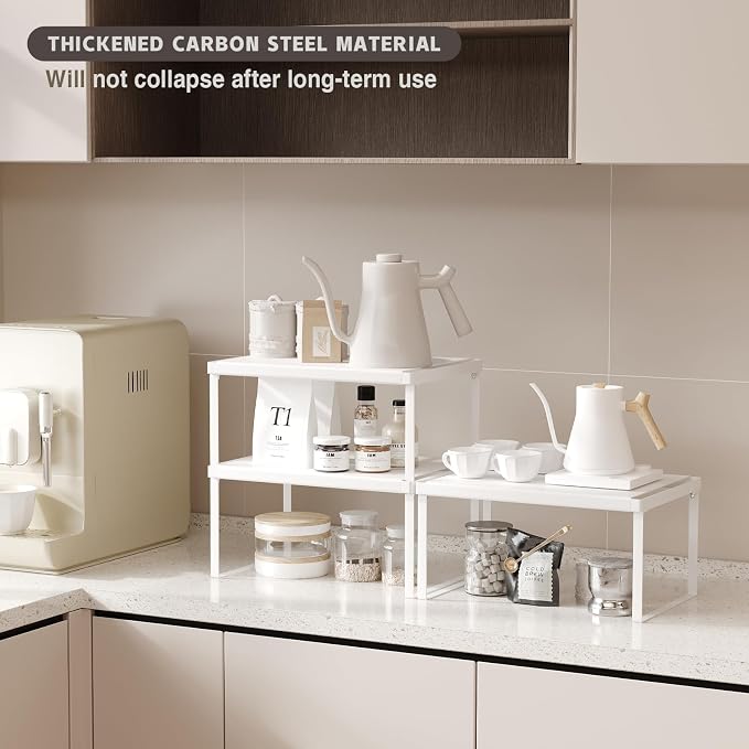 Magheo Cabinet Organizer Shelf Riser, Stackable Spice Rack for Countertop/Cabinet, Pantry Organizers and Storage, Heavy Duty Kitchen Counter Shelves for Seasonings,Bowls,Coffee Makers (3 Pack, White)