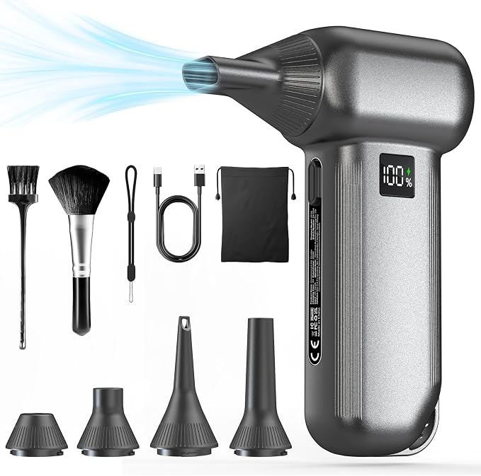 Electric Air Duster 8000mAh LED Display Turbo Blower | Compressed Air Duster Alternative. 150000RPM Brushless Motor, 5-in-1 Kit for PC, Keyboard, Car, Outdoor