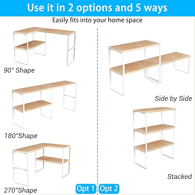 Golener Kitchen Counter Organizer, Countertop Shelf, Adjustable, Stackable | Kitchen Countertop Organizer, Spice Rack, 2-Tier Countertop Shelves, Corner Desk Shelf, Corner Counter Shelf, Natural Beige