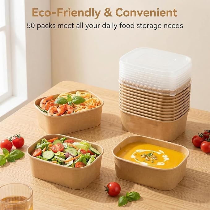 50 Pack Disposable Meal Prep Containers, 29oz Disposable Large Paper Bowls with Lids and Forks for Salad, Noodles, Freezer and Microwavable Storage Use Cardboard Food Containers