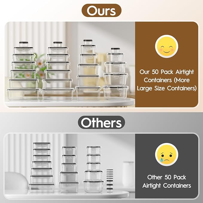 KEMETHY 50 PCS Food Storage Containers with Airtight Lids, BPA-Free | Meal prep / Dishwasher safe / Microwave safe / Assorted sizes / Stackable / Labels / Leakproof