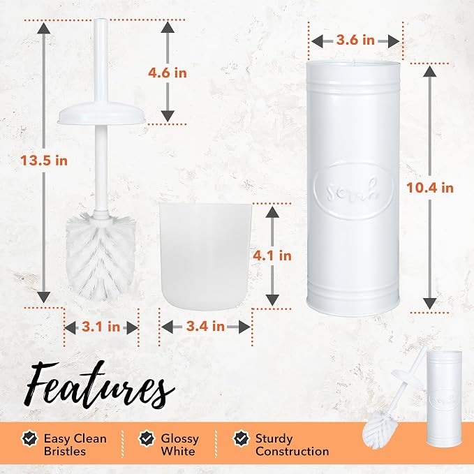 Autumn Alley Metal Toilet Brush with Holder, Farmhouse Bathroom Decor, Galvanized, White