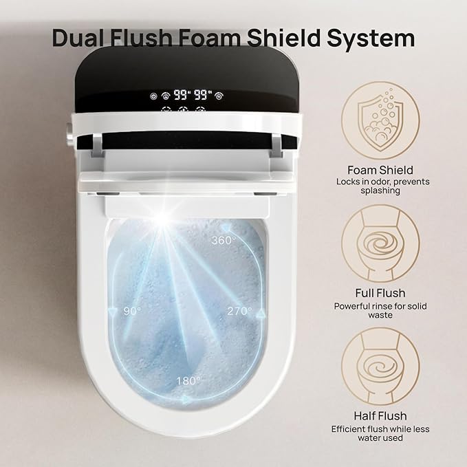Smart Toilet with Bidet Built-in: Auto Dual Flush Bidet Toilet with Dryer, Gentle Wash One Piece Toilet with Child Mode, Foam Shield, Heated Seat, Foot Sensor, UV-C Night Light, Manual Lid/Seat