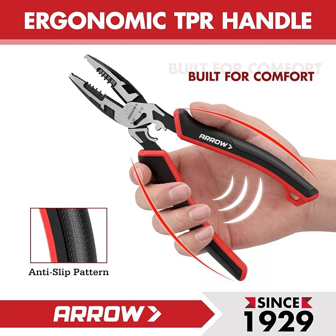 ARROW 6-in-1 Linemans Pliers, 8" Multipurpose Linesman Pliers, Side Cutters | Premium CRV Steel, Combination Pliers, For Wire Cutting, Gripping, Crimping, Stripping