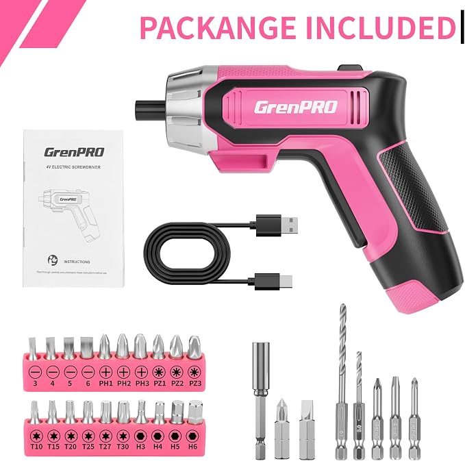 GRENPRO 4V Cordless Electric Screwdriver Set 29-Piece, Pink | Built-In Non-Removable Battery Charges via USB, Not Sold Separately, Included Bits Support Home Repairs and Assembly
