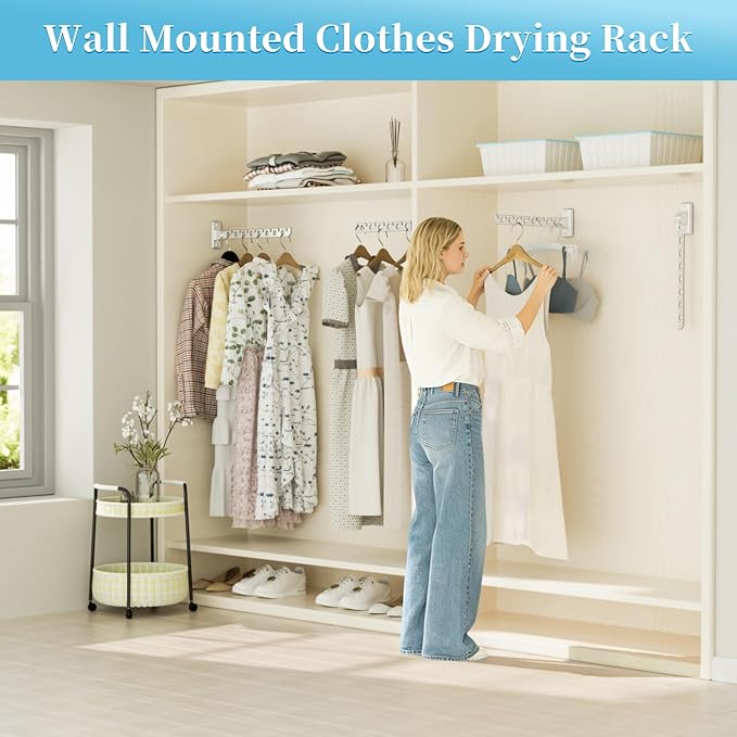 Alise Clothes Drying Racks Wall Mounted Coat Hangers,White,2 Pcs | Foldable Hangers Clothes Hook Closet Storage Organizer,Swivel Space Saving Clothes Hanger Rack for Bedroom Bathroom Laundry