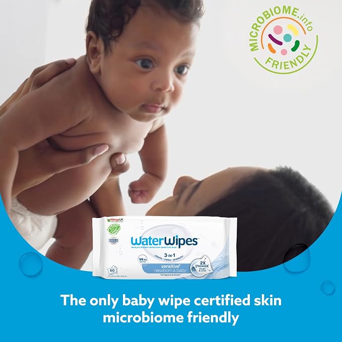 WaterWipes Sensitive+ Newborn & Baby Wipes, 3-In-1 Cleans, Cares, Protects, 99.9% Water, Unscented & Hypoallergenic, 300 Count (5 Packs)