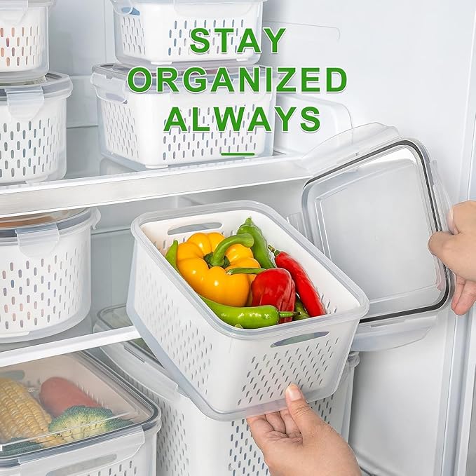 4 PCS Fruit Storage Containers for Fridge, Leakproof Produce Containers | For Fridge with Removable Colander, Microwave/Dishwasher Safe Fruit Washing Bowl Keep Fruits, Vegetables, Berry Fresh longer