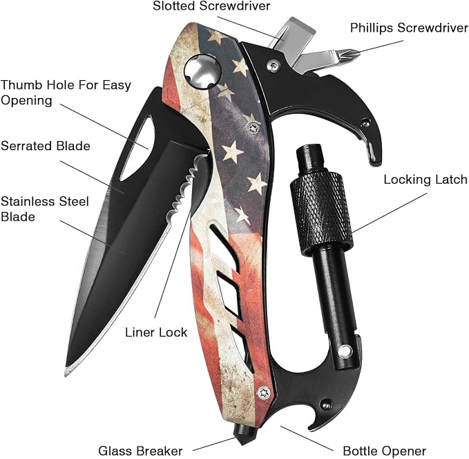 FUNBRO Multitool Carabiner Knife Tools for Men, Bottle Opener | Cool Gadgets Gear with Folding Knives, Window Breaker and Screwdriver for Hiking Camping, 7-in-1 Edc Multi Tool (usa Flag)