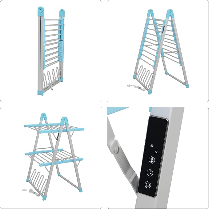 Electric Heated Clothes Drying Rack,Foldable Heated Garment Dryer with Timer Shut-Off Laundry Rack for Clothes Shoes Socks,Aluminum Alloy,Blue,Plug & Play,(39.37x25.98x23.82in)