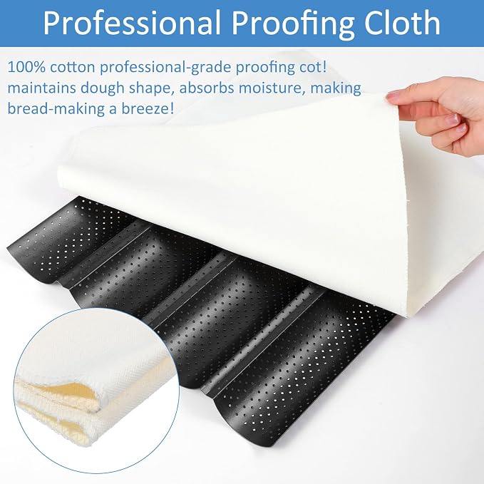 4-Slot French Baguette Pan Set, Non-Stick French Bread Pan, Baguette Baking Pan with Proofing Cloth, Bread Lame, Home Baking Tools Kit for Homemade Bread