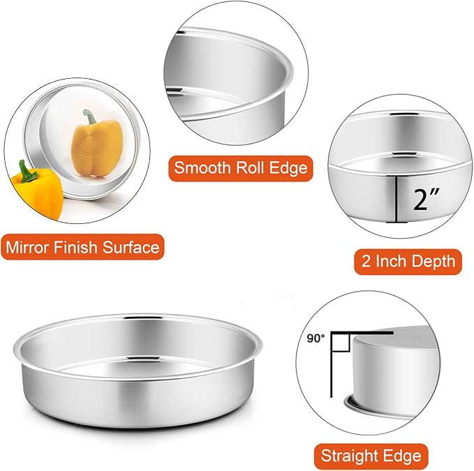P&P CHEF 9.5 Inch Cake Pan Set of 4, Stainless Steel Baking Round Cake Pans Tins Bakeware for Birthday Wedding, Leak-proof & Easy Clean, Mirror Finish & Easy Releasing